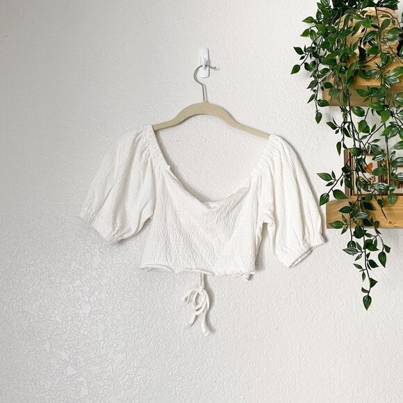 🦋 ROXY White Flirty Walk Crop Puff Sleeve Top Boho Beachy - Picture 5 of 5
